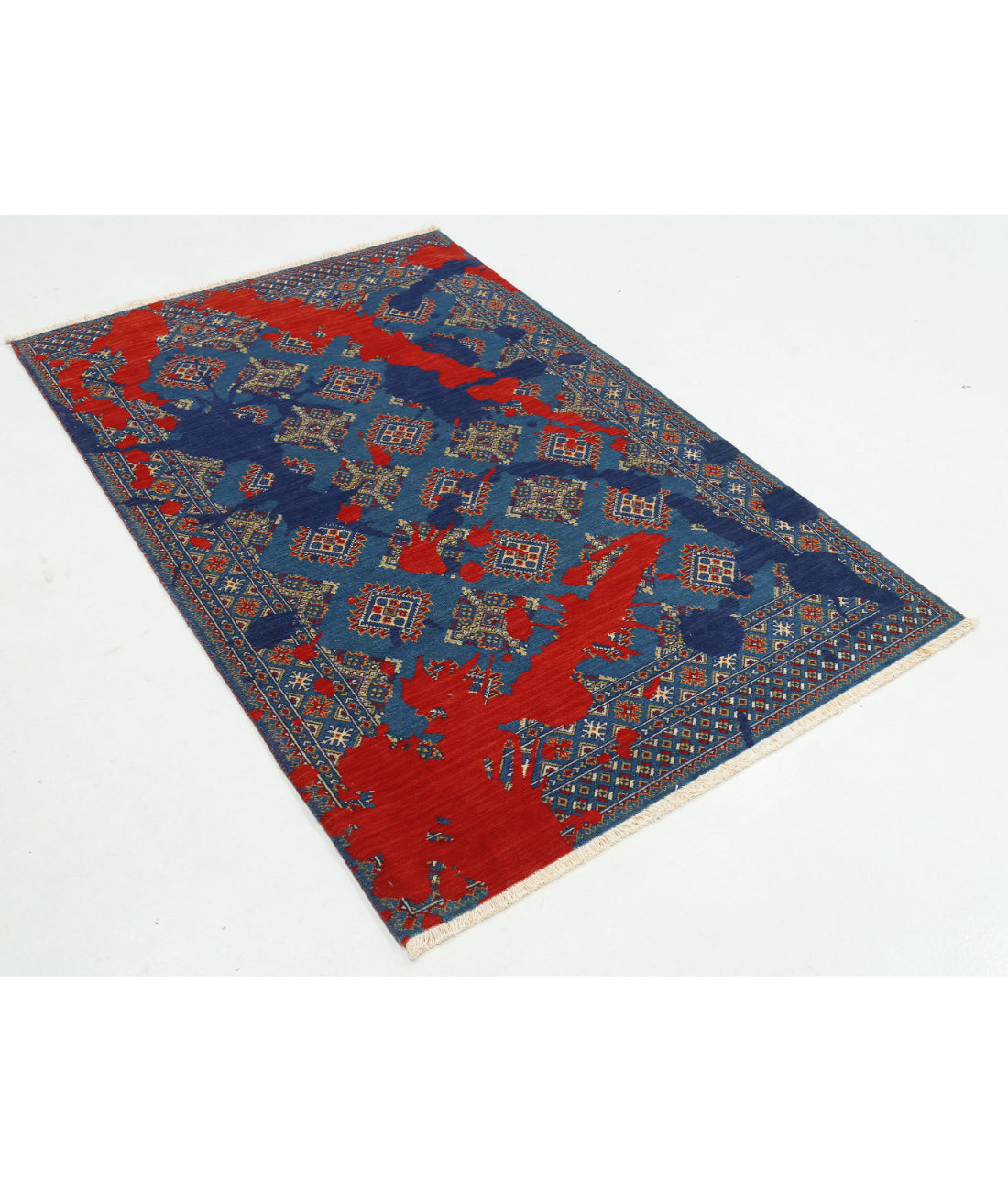 Ajrak 4'0'' X 6'1'' Power-Loomed Wool-Bamboo Silk Rug 4'0'' x 6'1'' (120 X 183) / Blue / Red