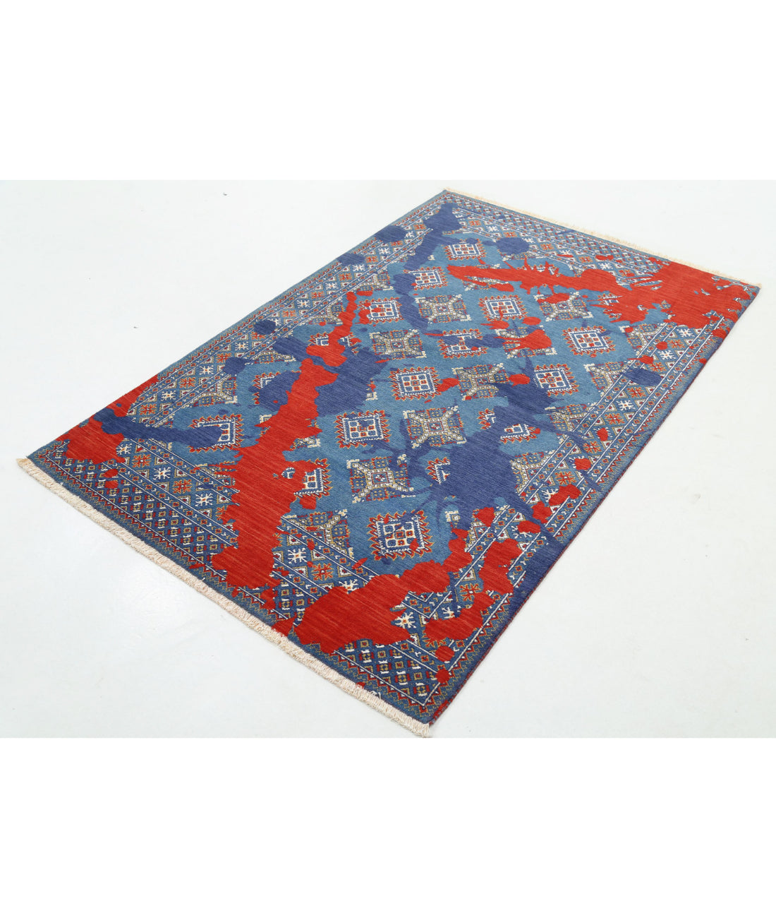 Ajrak 4'0'' X 6'1'' Power-Loomed Wool-Bamboo Silk Rug 4'0'' x 6'1'' (120 X 183) / Blue / Red