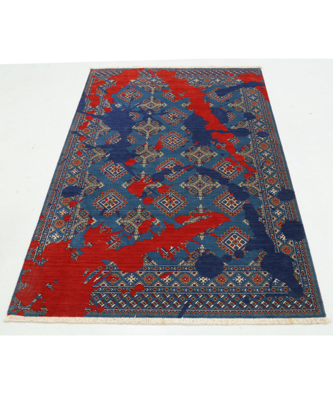 Ajrak 4'0'' X 6'1'' Power-Loomed Wool-Bamboo Silk Rug 4'0'' x 6'1'' (120 X 183) / Blue / Red