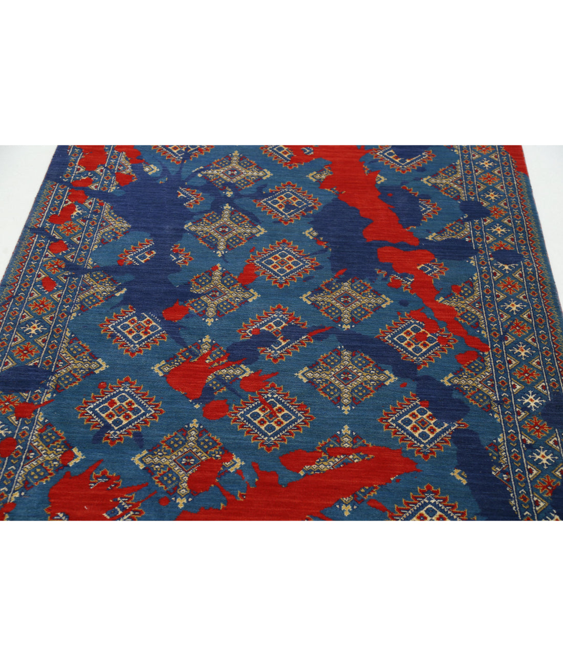 Ajrak 4'0'' X 6'1'' Power-Loomed Wool-Bamboo Silk Rug 4'0'' x 6'1'' (120 X 183) / Blue / Red