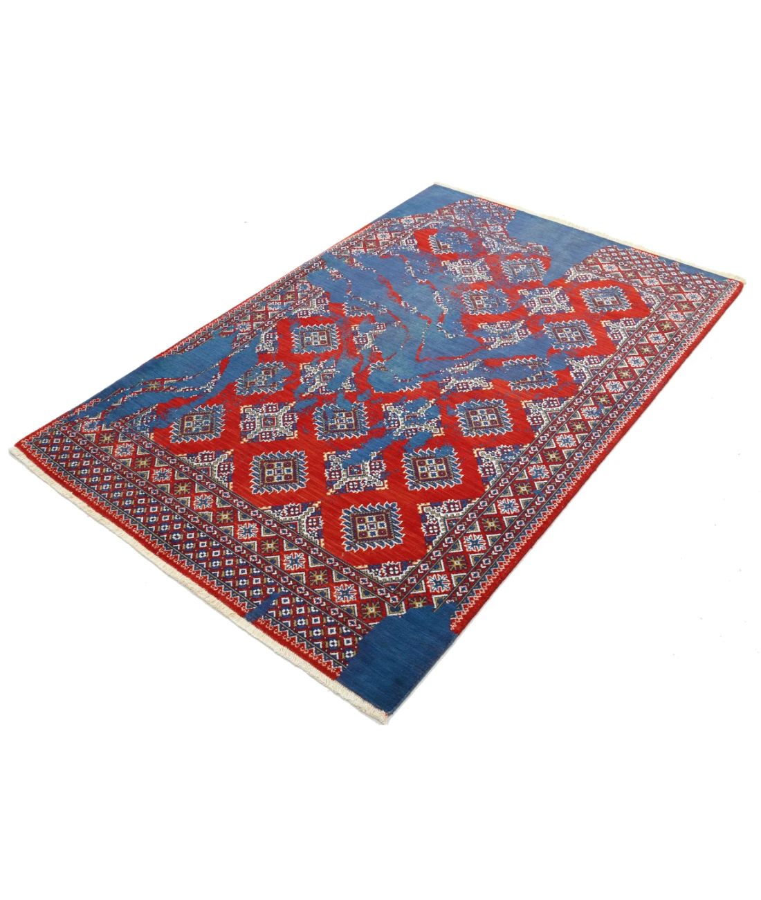 Ajrak 4'0'' X 6'0'' Power-Loomed Wool-Bamboo Silk Rug 4'0'' x 6'0'' (120 X 180) / Red / Blue