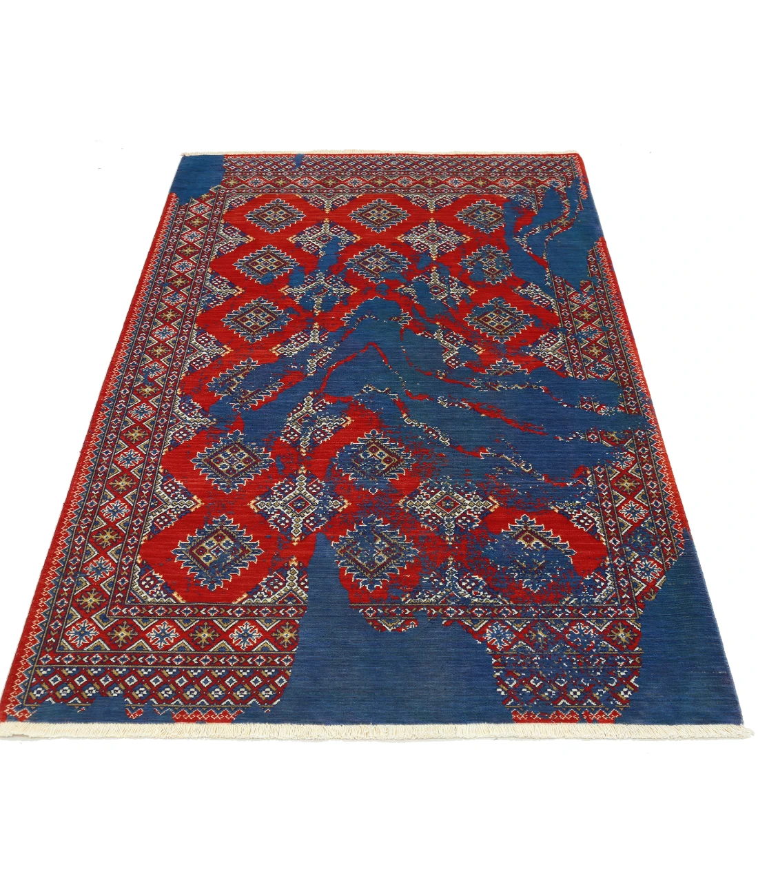 Ajrak 4'0'' X 6'0'' Power-Loomed Wool-Bamboo Silk Rug 4'0'' x 6'0'' (120 X 180) / Red / Blue