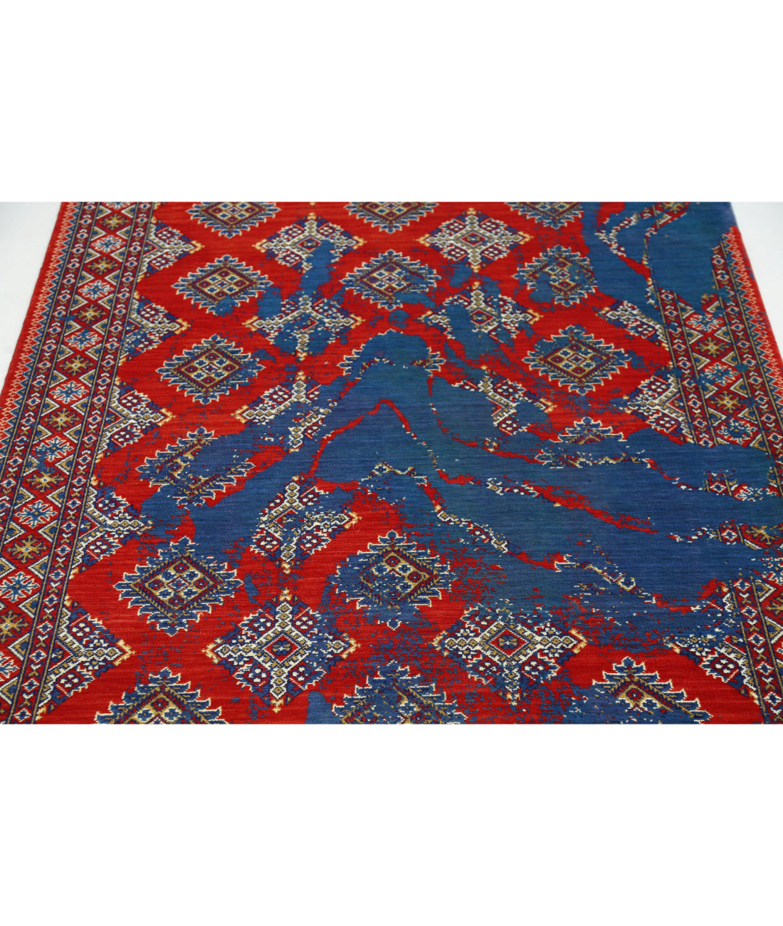 Ajrak 4'0'' X 6'0'' Power-Loomed Wool-Bamboo Silk Rug 4'0'' x 6'0'' (120 X 180) / Red / Blue