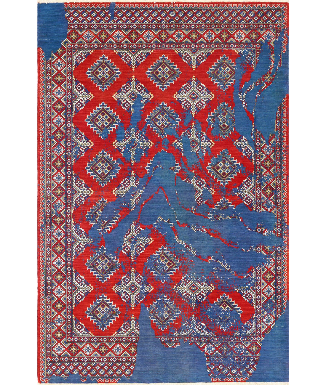 Ajrak 4'0'' X 6'0'' Power-Loomed Wool-Bamboo Silk Rug 4'0'' x 6'0'' (120 X 180) / Red / Blue