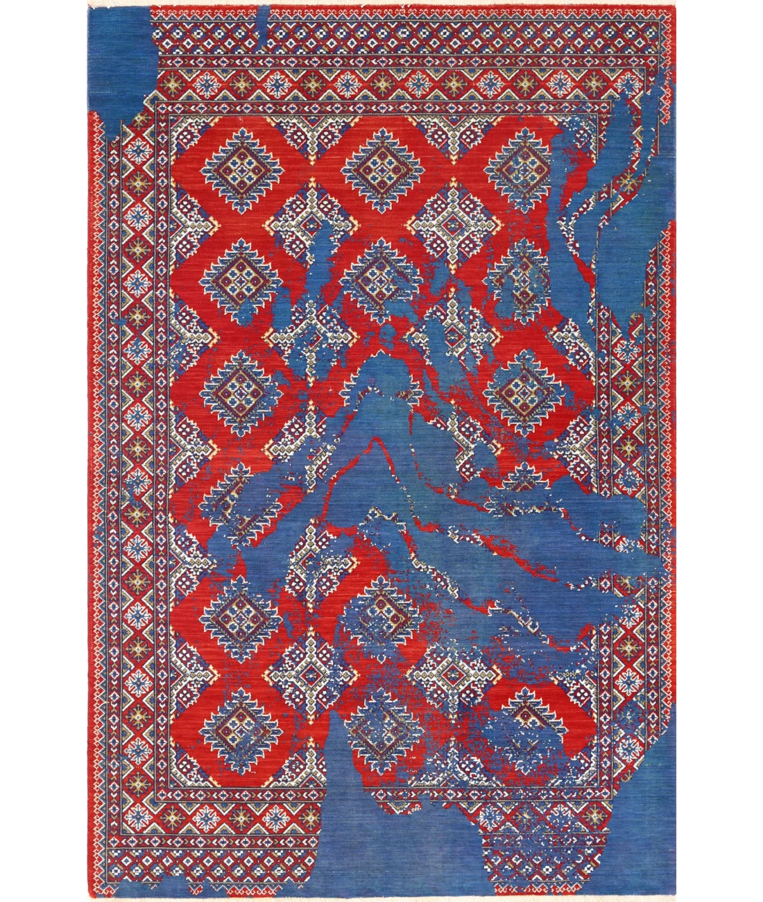 Ajrak 4'0'' X 6'0'' Power-Loomed Wool-Bamboo Silk Rug 4'0'' x 6'0'' (120 X 180) / Red / Blue