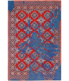 Ajrak 4'0'' X 6'0'' Power-Loomed Wool-Bamboo Silk Rug 4'0'' x 6'0'' (120 X 180) / Red / Blue