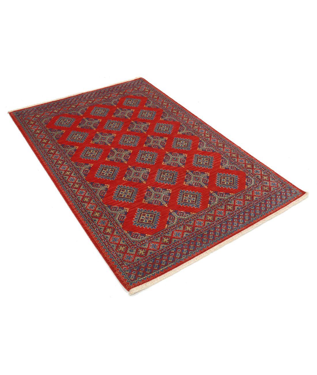 Ajrak 3'10'' X 6'0'' Power-Loomed Wool-Bamboo Silk Rug 3'10'' x 6'0'' (115 X 180) / Red / Blue