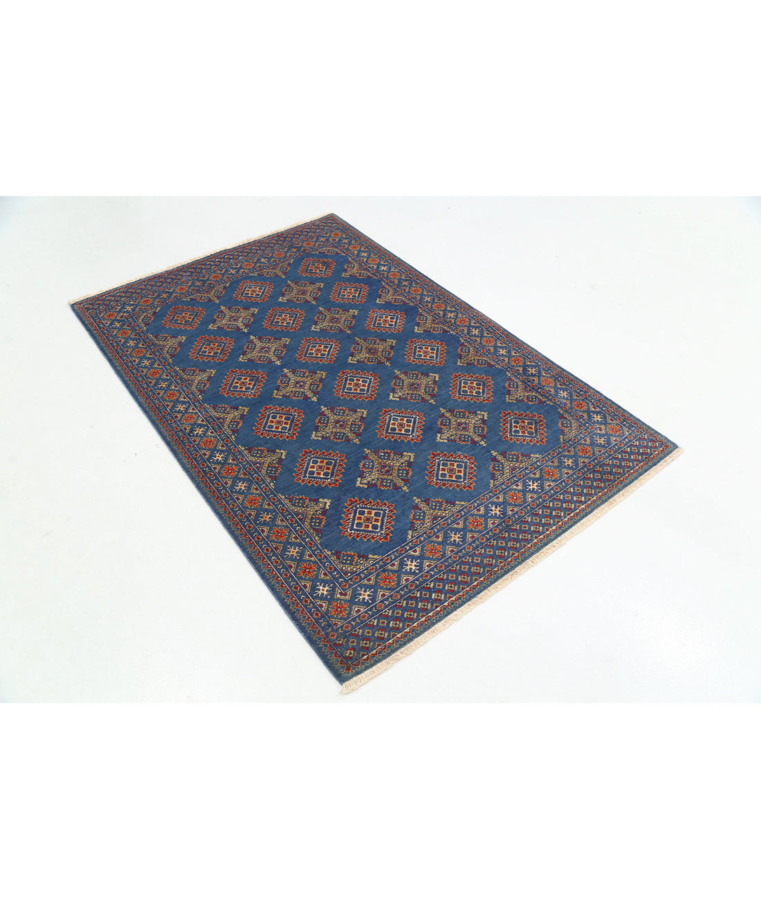 Ajrak 4'0'' X 6'0'' Power-Loomed Wool-Bamboo Silk Rug 4'0'' x 6'0'' (120 X 180) / Blue / Red