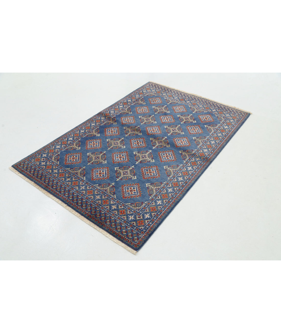 Ajrak 4'0'' X 6'0'' Power-Loomed Wool-Bamboo Silk Rug 4'0'' x 6'0'' (120 X 180) / Blue / Red