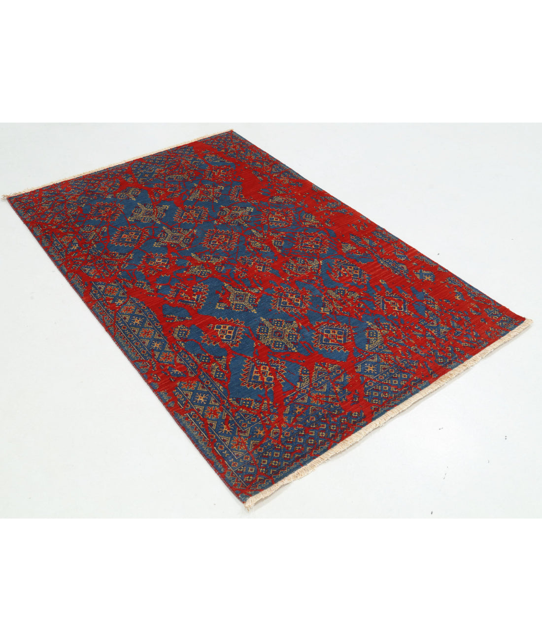 Ajrak 4'0'' X 6'0'' Power-Loomed Wool-Bamboo Silk Rug 4'0'' x 6'0'' (120 X 180) / Red / Blue