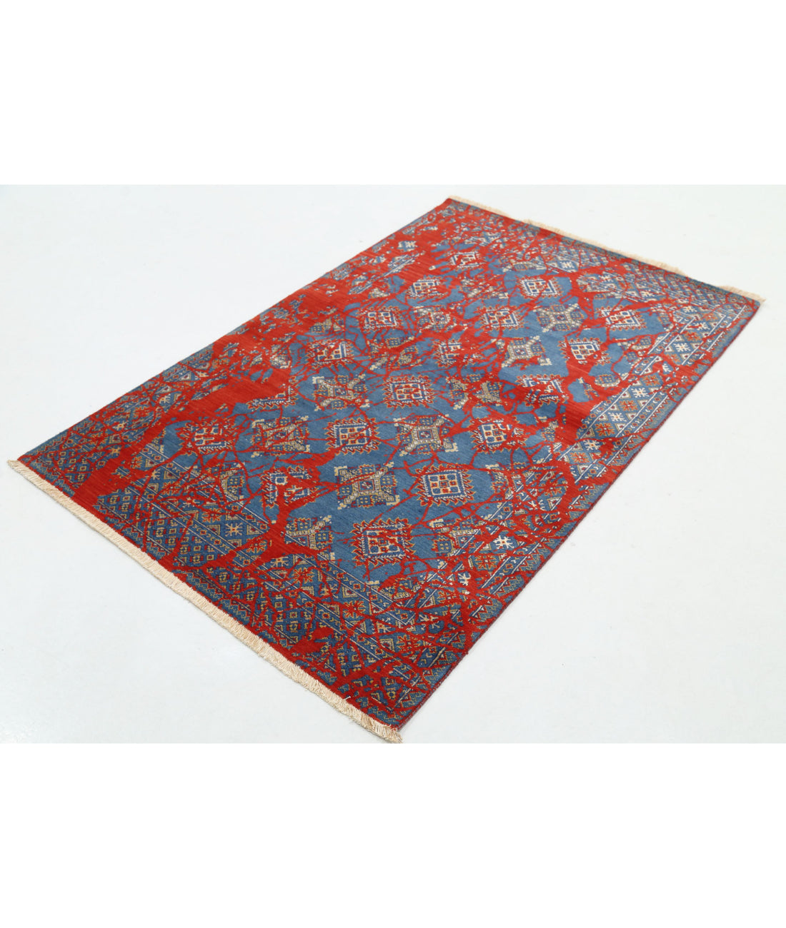 Ajrak 4'0'' X 6'0'' Power-Loomed Wool-Bamboo Silk Rug 4'0'' x 6'0'' (120 X 180) / Red / Blue