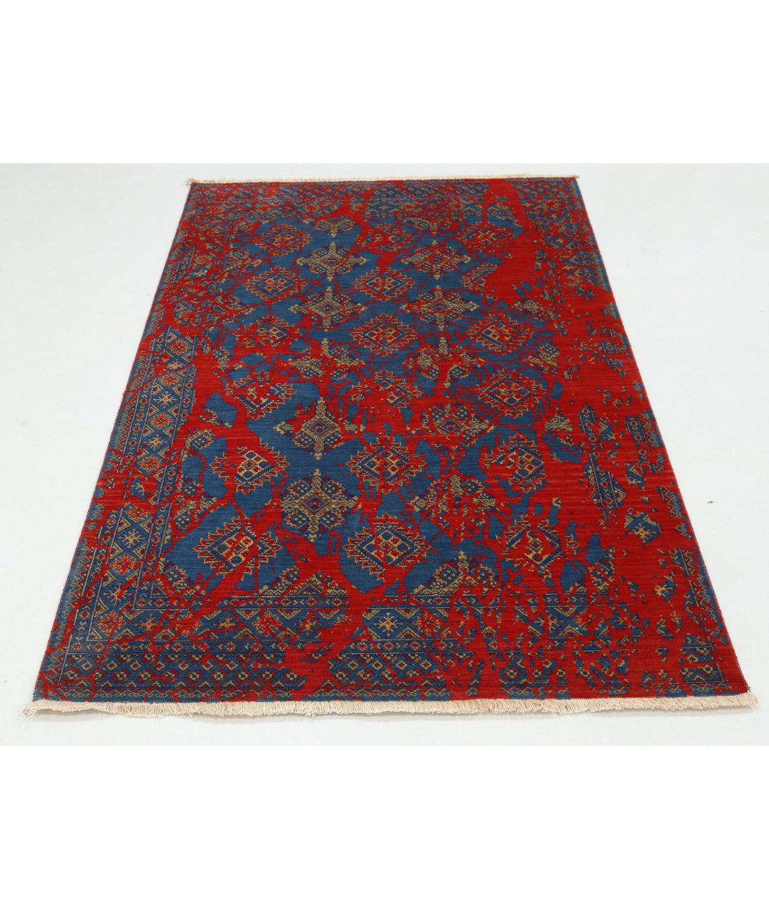 Ajrak 4'0'' X 6'0'' Power-Loomed Wool-Bamboo Silk Rug 4'0'' x 6'0'' (120 X 180) / Red / Blue
