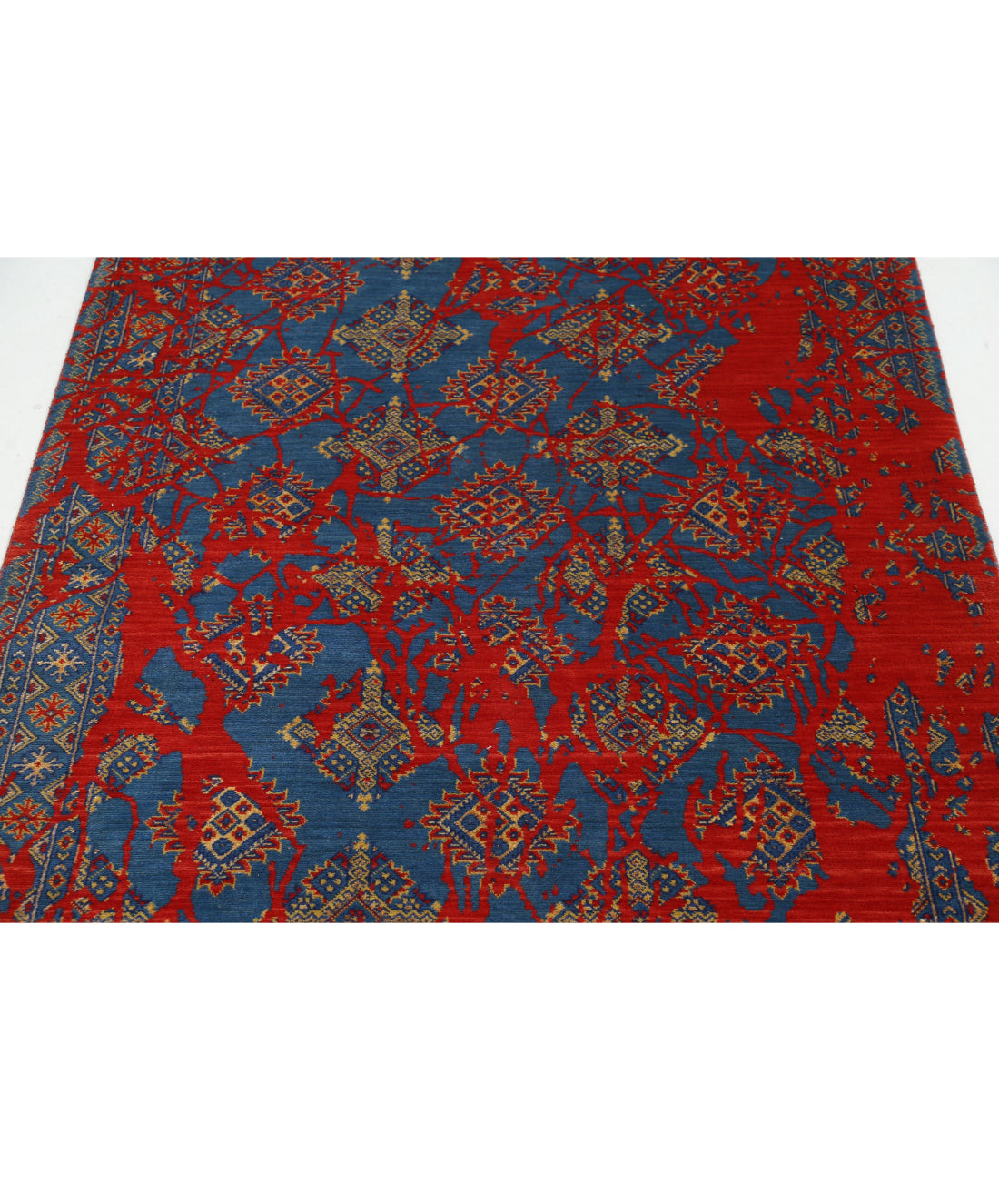 Ajrak 4'0'' X 6'0'' Power-Loomed Wool-Bamboo Silk Rug 4'0'' x 6'0'' (120 X 180) / Red / Blue