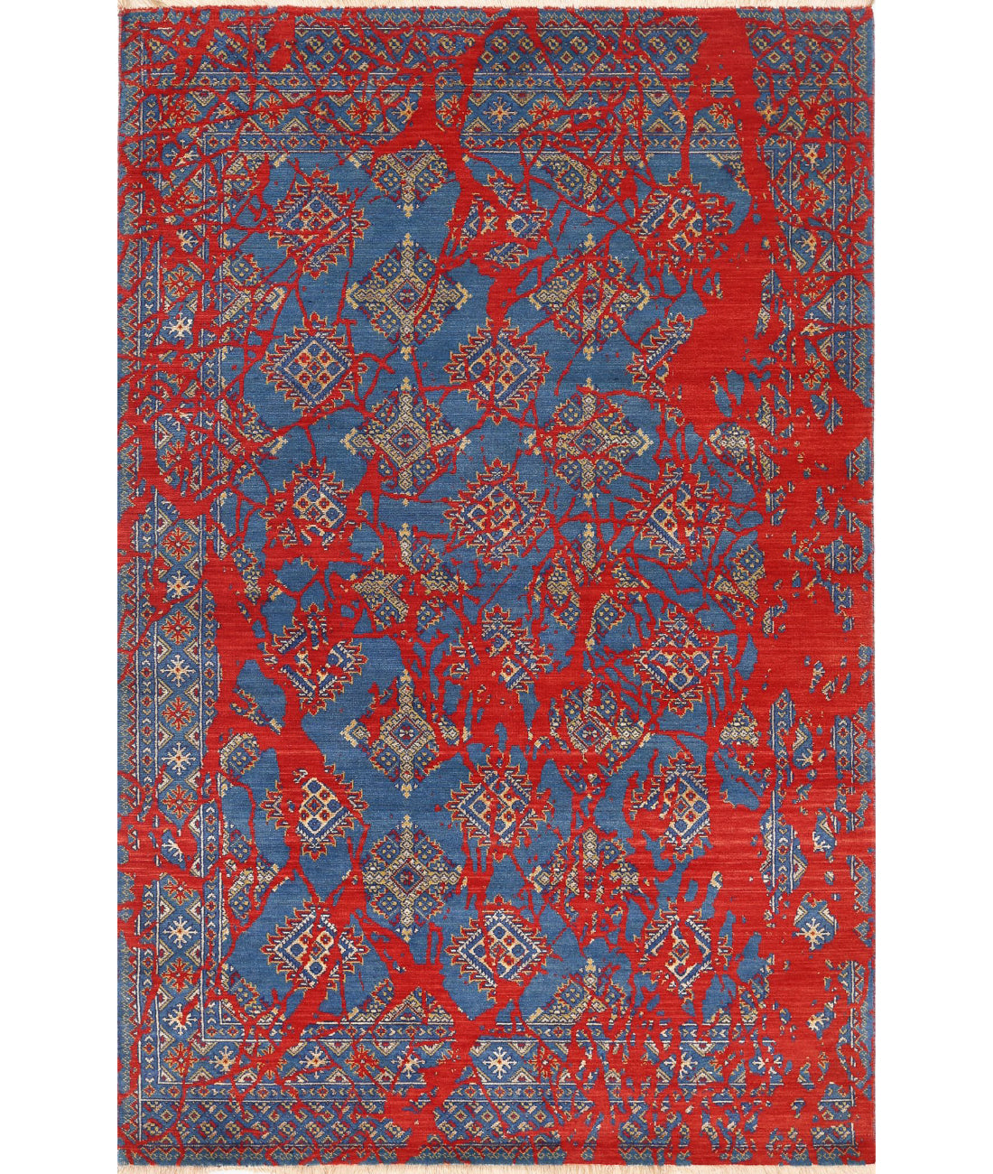 Ajrak 4'0'' X 6'0'' Power-Loomed Wool-Bamboo Silk Rug 4'0'' x 6'0'' (120 X 180) / Red / Blue