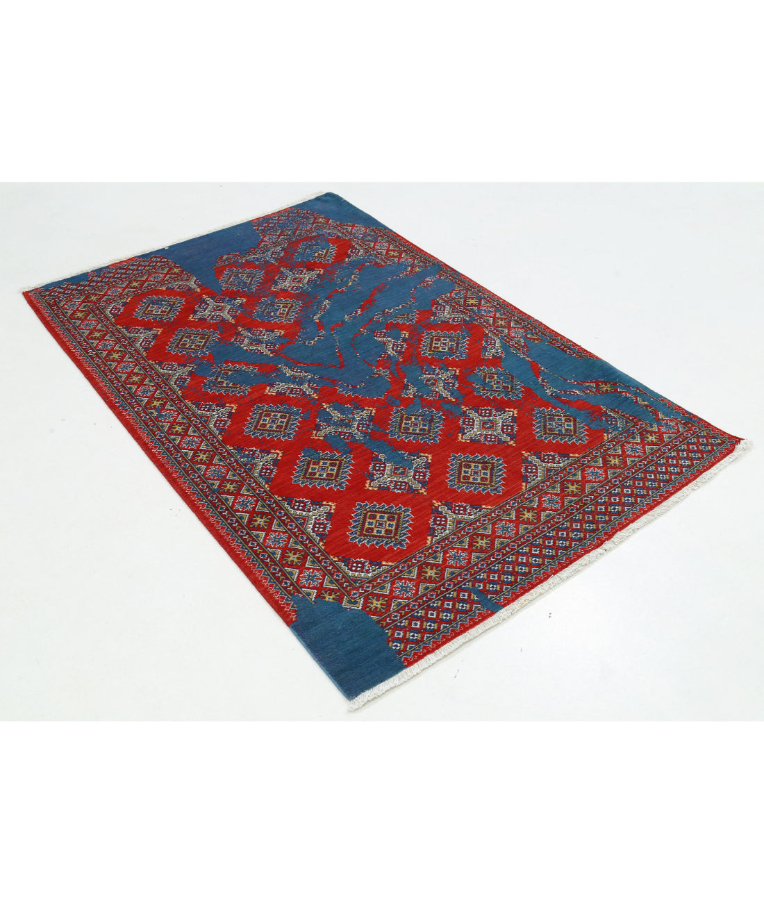 Ajrak 3'11'' X 6'1'' Power-Loomed Wool-Bamboo Silk Rug 3'11'' x 6'1'' (118 X 183) / Blue / Red