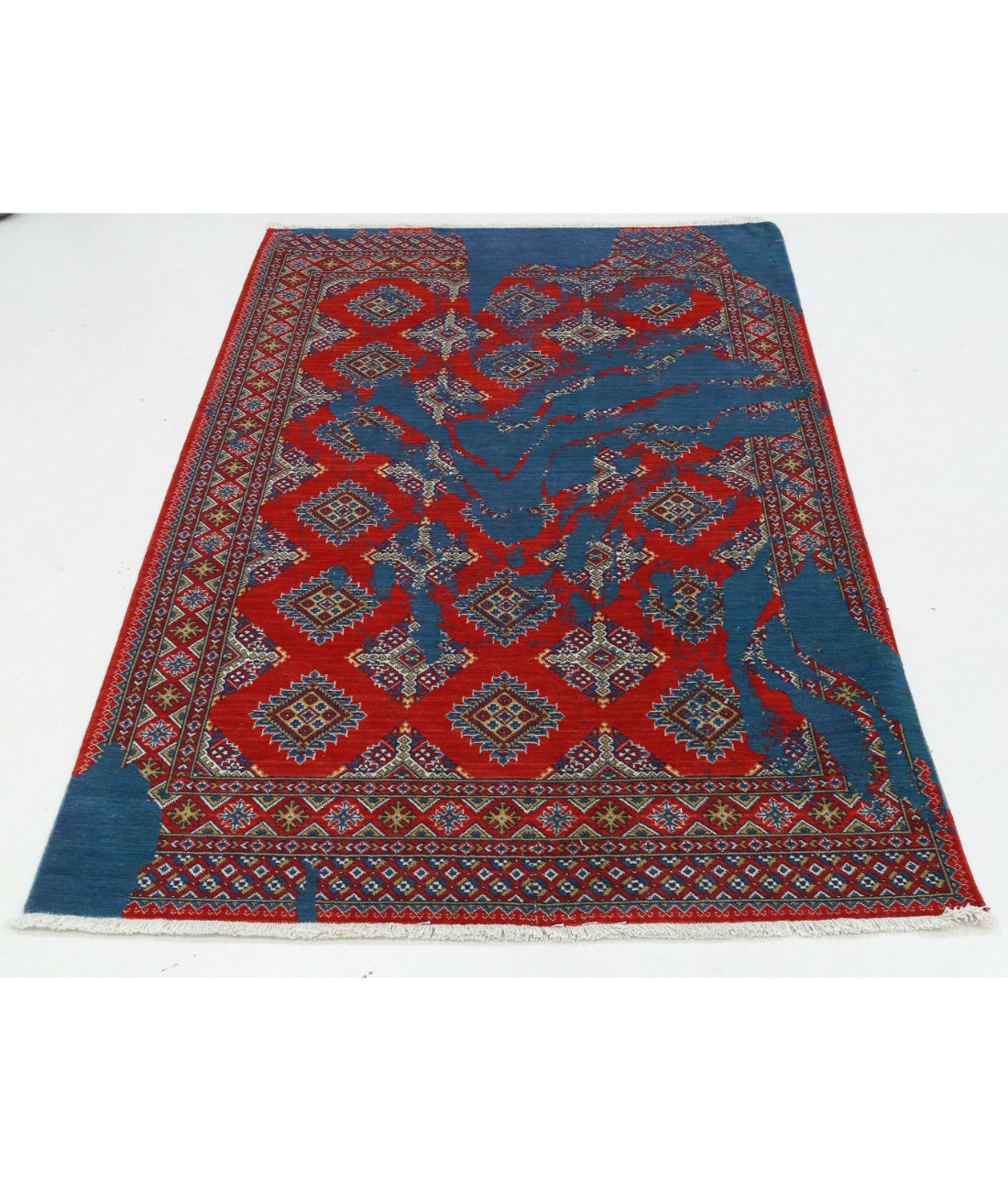 Ajrak 3'11'' X 6'1'' Power-Loomed Wool-Bamboo Silk Rug 3'11'' x 6'1'' (118 X 183) / Blue / Red