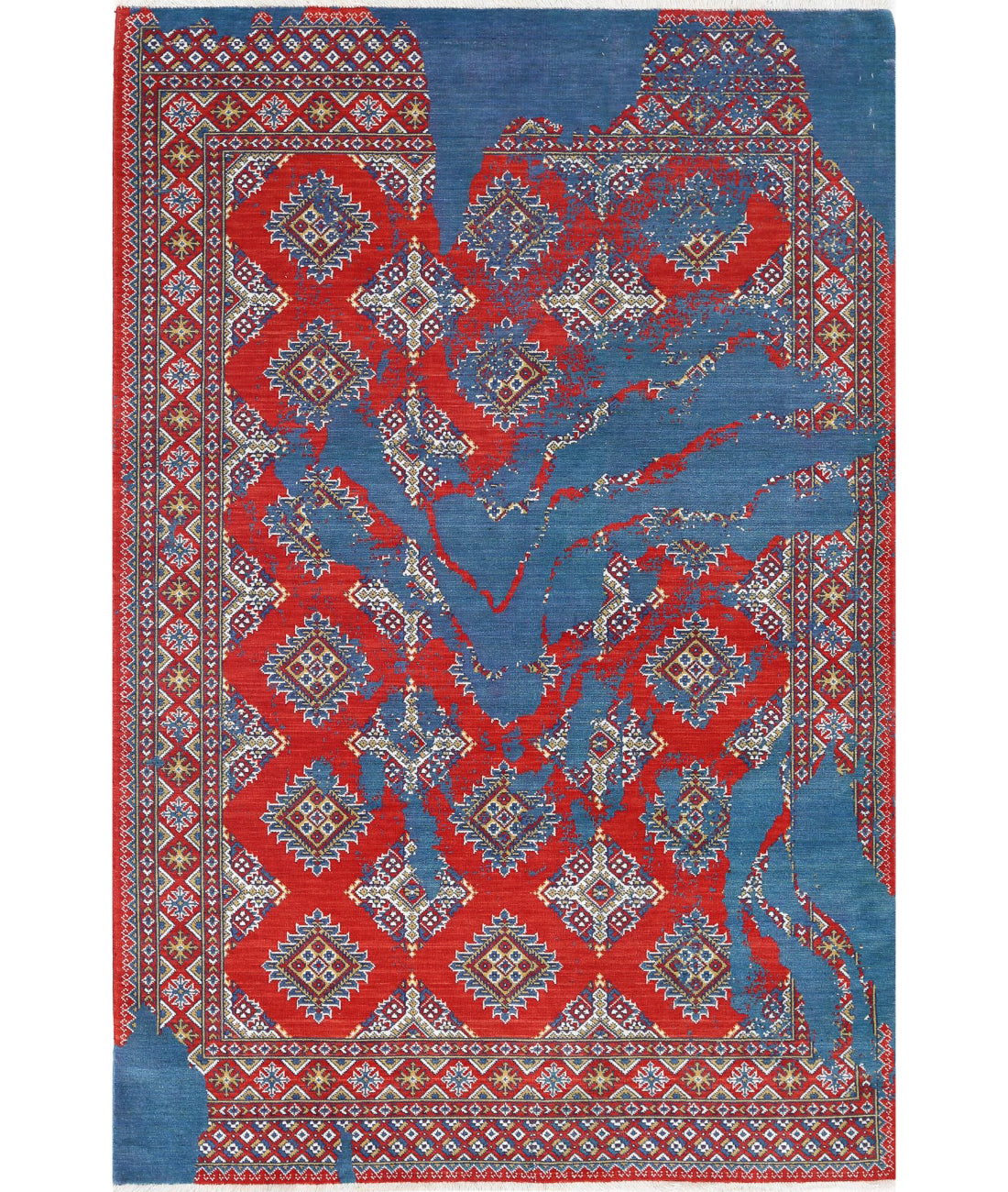 Ajrak 3'11'' X 6'1'' Power-Loomed Wool-Bamboo Silk Rug 3'11'' x 6'1'' (118 X 183) / Blue / Red