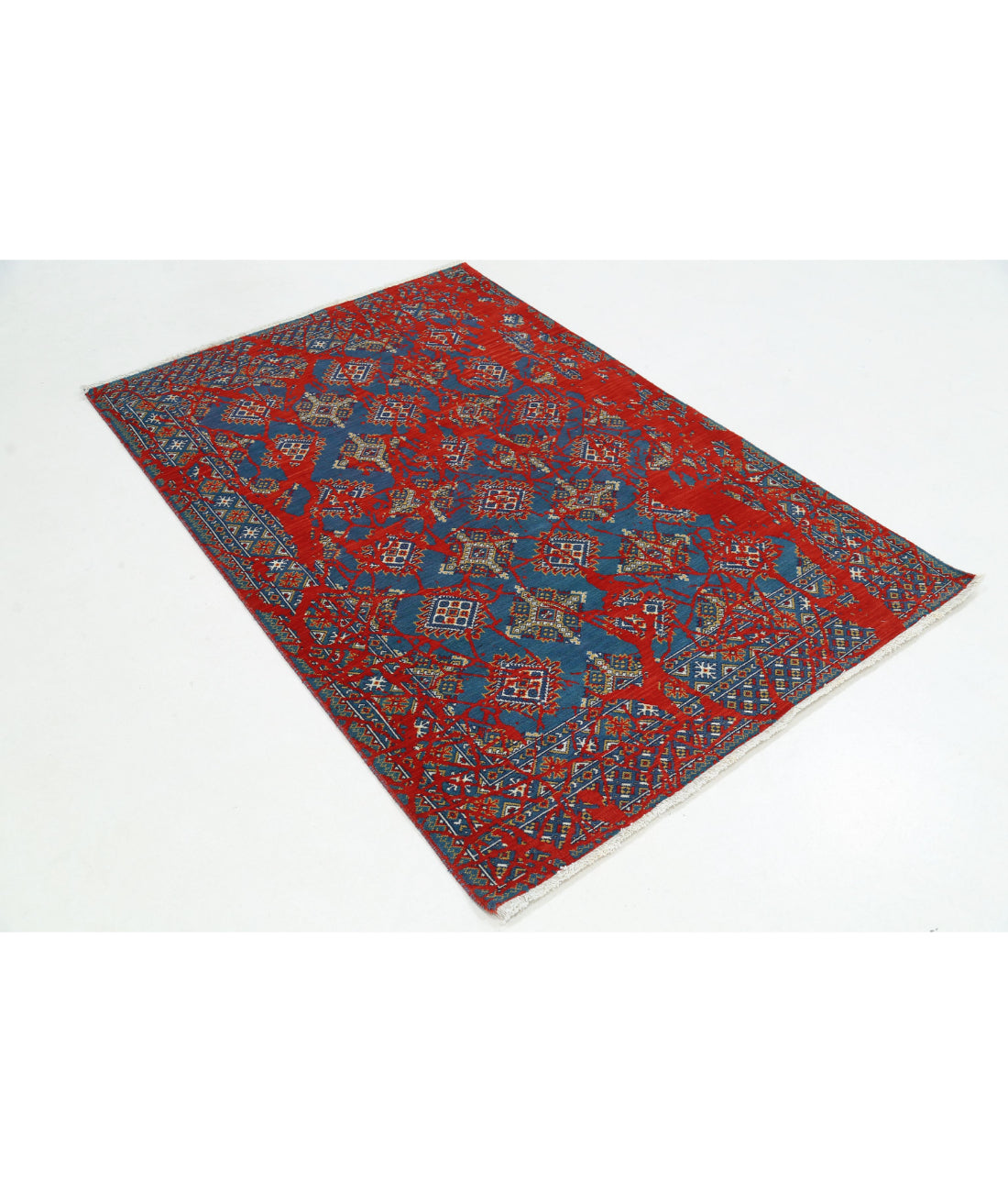 Ajrak 3'11'' X 6'0'' Power-Loomed Wool-Bamboo Silk Rug 3'11'' x 6'0'' (118 X 180) / Red / Blue