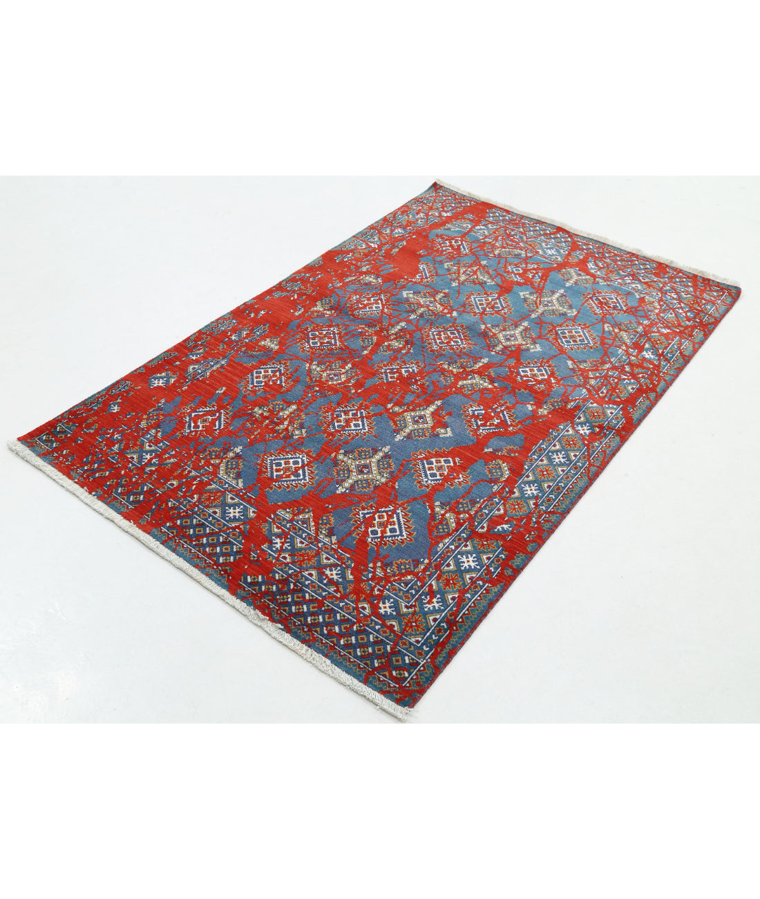 Ajrak 3'11'' X 6'0'' Power-Loomed Wool-Bamboo Silk Rug 3'11'' x 6'0'' (118 X 180) / Red / Blue