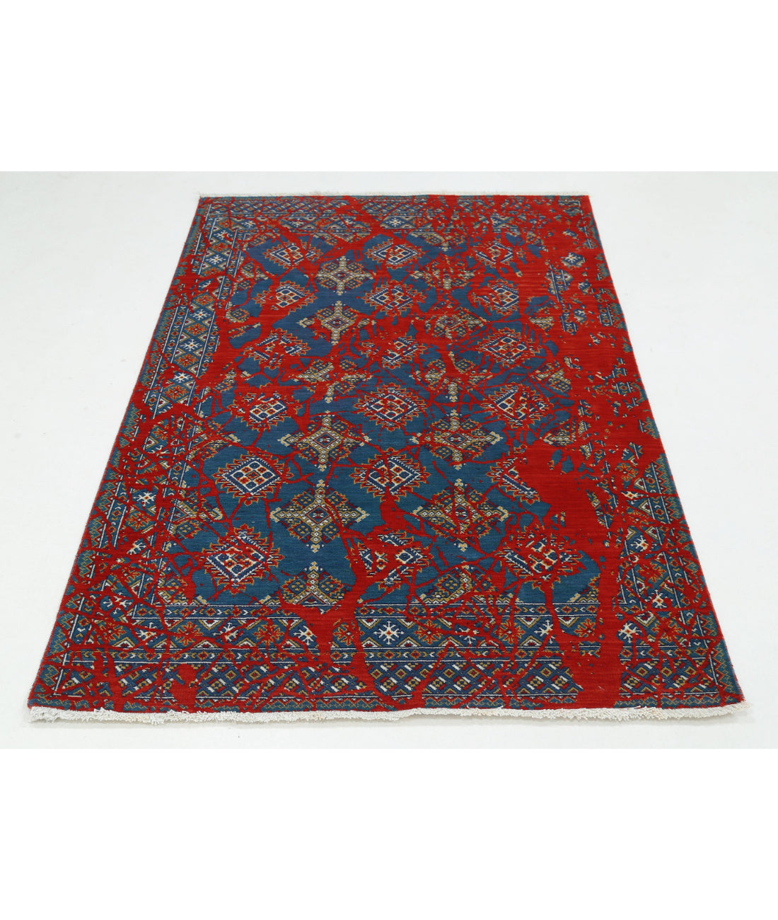 Ajrak 3'11'' X 6'0'' Power-Loomed Wool-Bamboo Silk Rug 3'11'' x 6'0'' (118 X 180) / Red / Blue