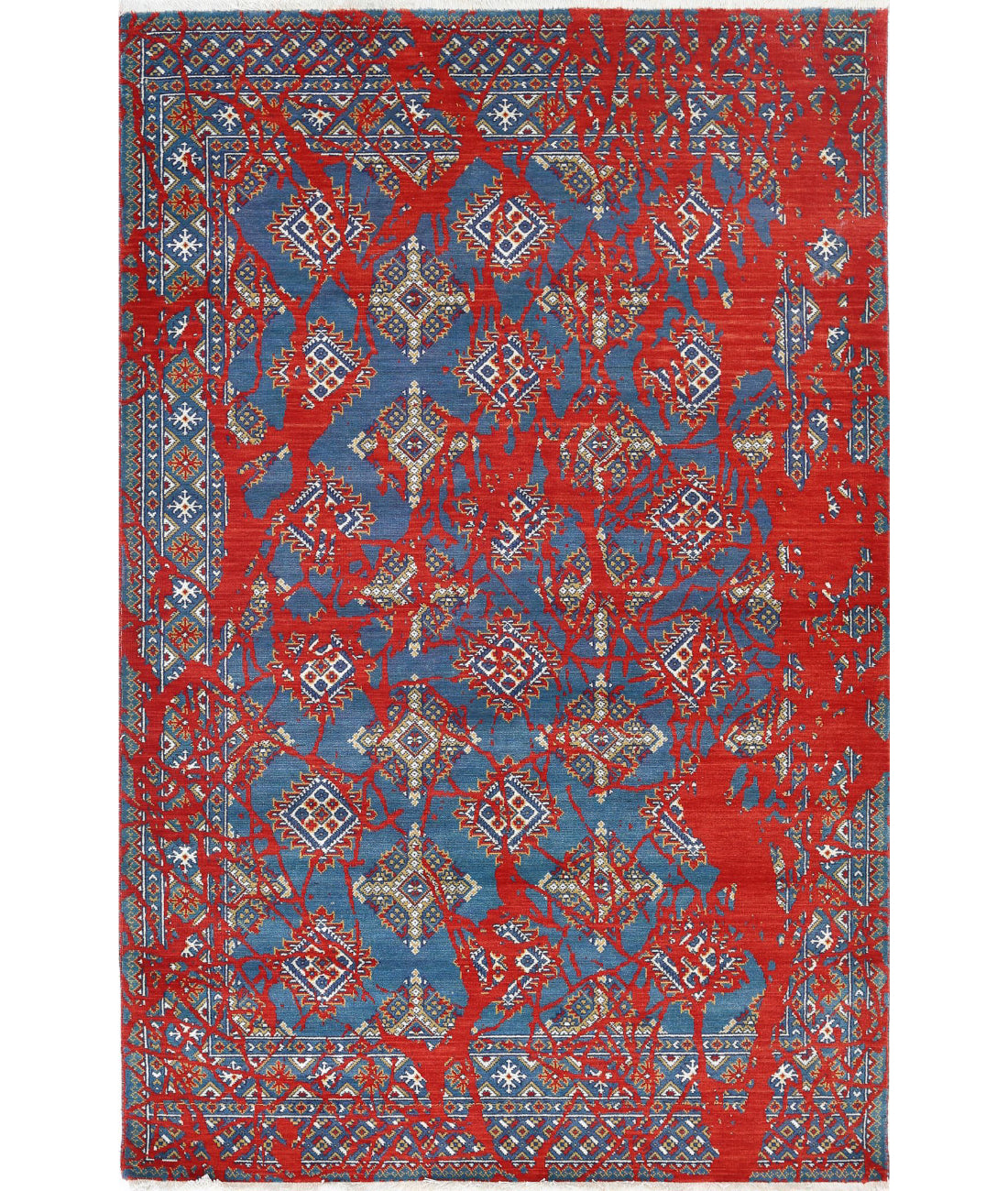 Ajrak 3'11'' X 6'0'' Power-Loomed Wool-Bamboo Silk Rug 3'11'' x 6'0'' (118 X 180) / Red / Blue