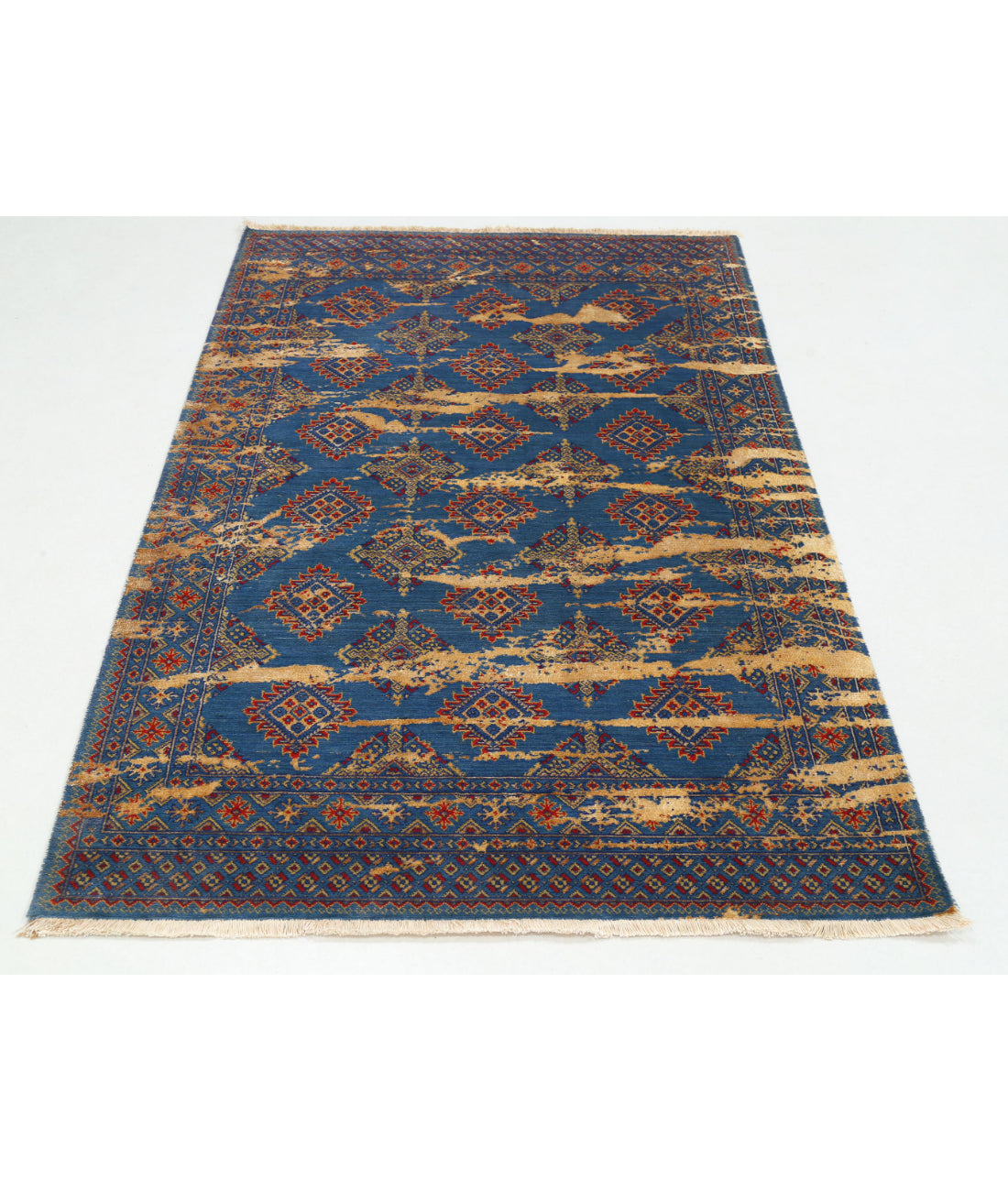 Ajrak 4'0'' X 6'1'' Power-Loomed Wool-Bamboo Silk Rug 4'0'' x 6'1'' (120 X 183) / Blue / Red