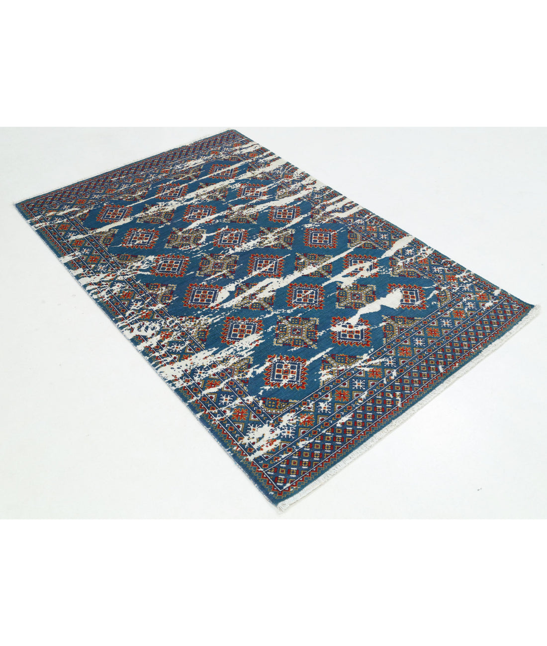 Ajrak 4'0'' X 6'1'' Power-Loomed Wool-Bamboo Silk Rug 4'0'' x 6'1'' (120 X 183) / Blue / Red