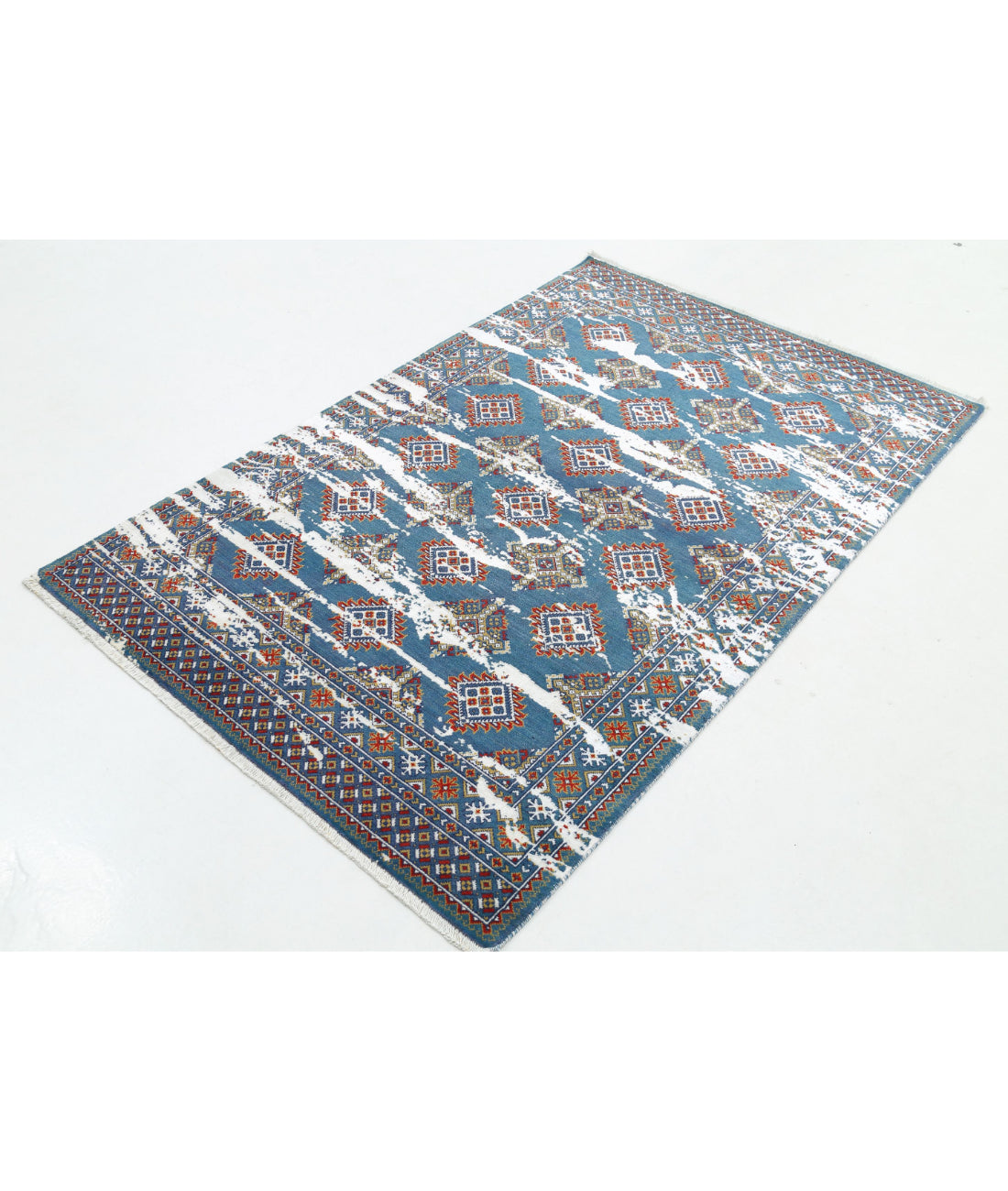 Ajrak 4'0'' X 6'1'' Power-Loomed Wool-Bamboo Silk Rug 4'0'' x 6'1'' (120 X 183) / Blue / Red