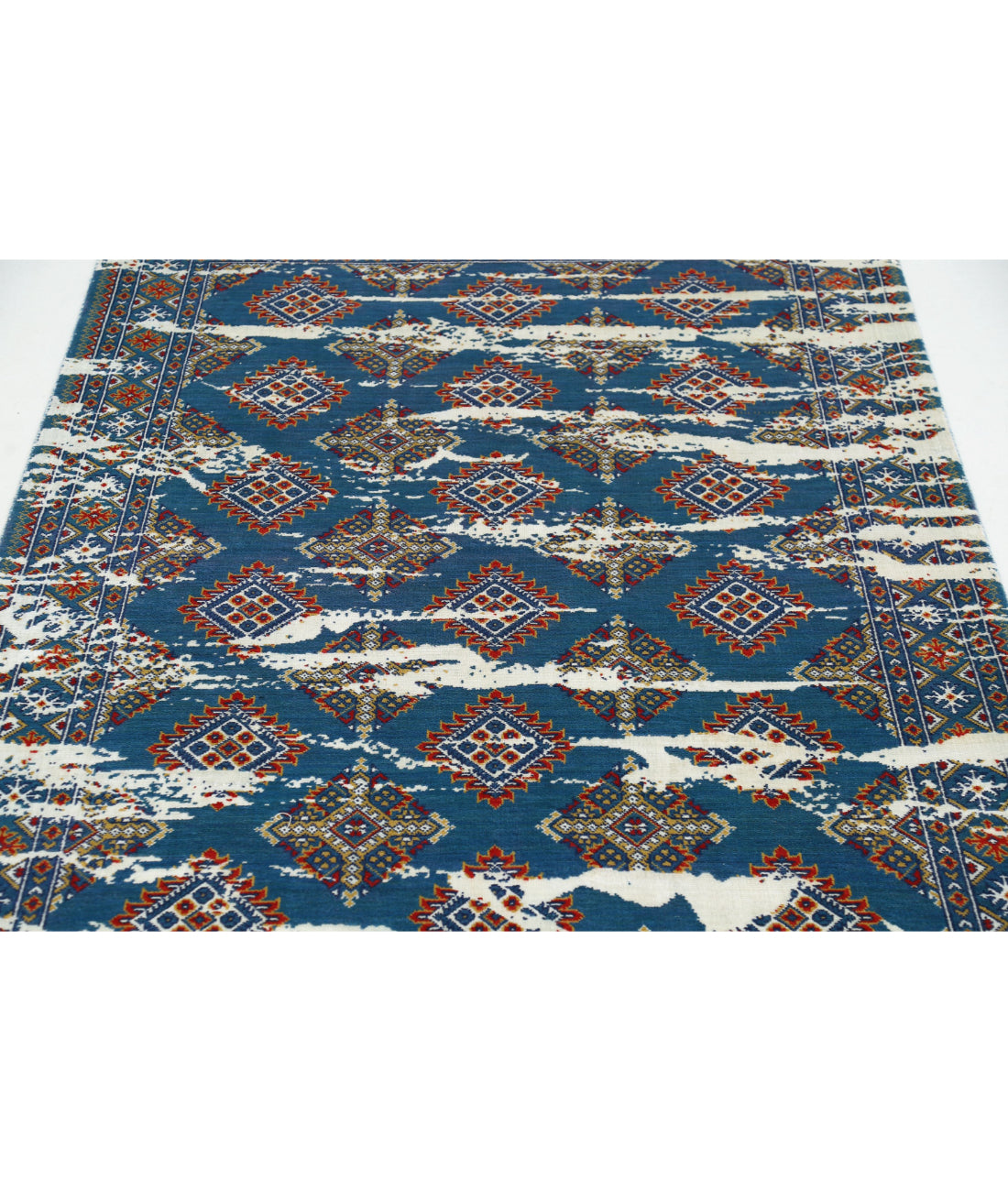 Ajrak 4'0'' X 6'1'' Power-Loomed Wool-Bamboo Silk Rug 4'0'' x 6'1'' (120 X 183) / Blue / Red