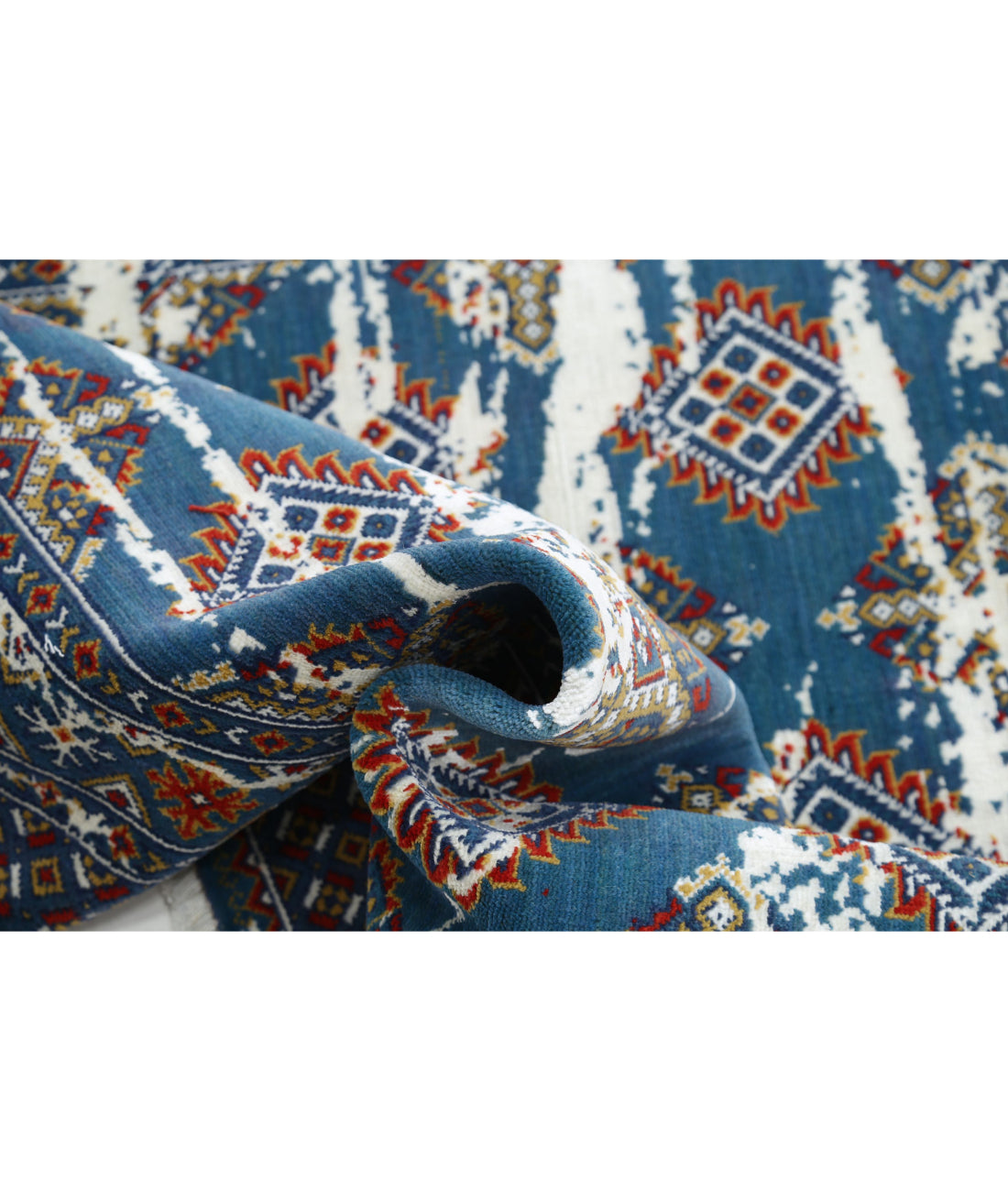 Ajrak 4'0'' X 6'1'' Power-Loomed Wool-Bamboo Silk Rug 4'0'' x 6'1'' (120 X 183) / Blue / Red