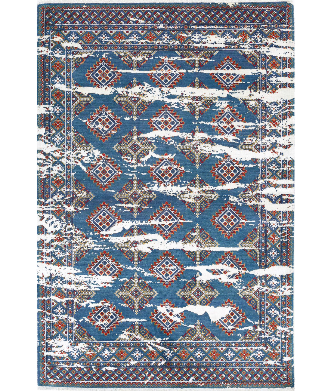Ajrak 4'0'' X 6'1'' Power-Loomed Wool-Bamboo Silk Rug 4'0'' x 6'1'' (120 X 183) / Blue / Red