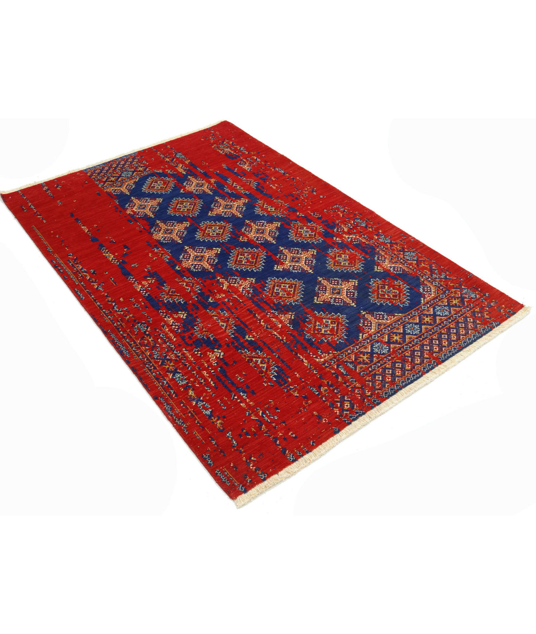 Ajrak 3'11'' X 6'0'' Power-Loomed Wool-Bamboo Silk Rug 3'11'' x 6'0'' (118 X 180) / Red / Blue