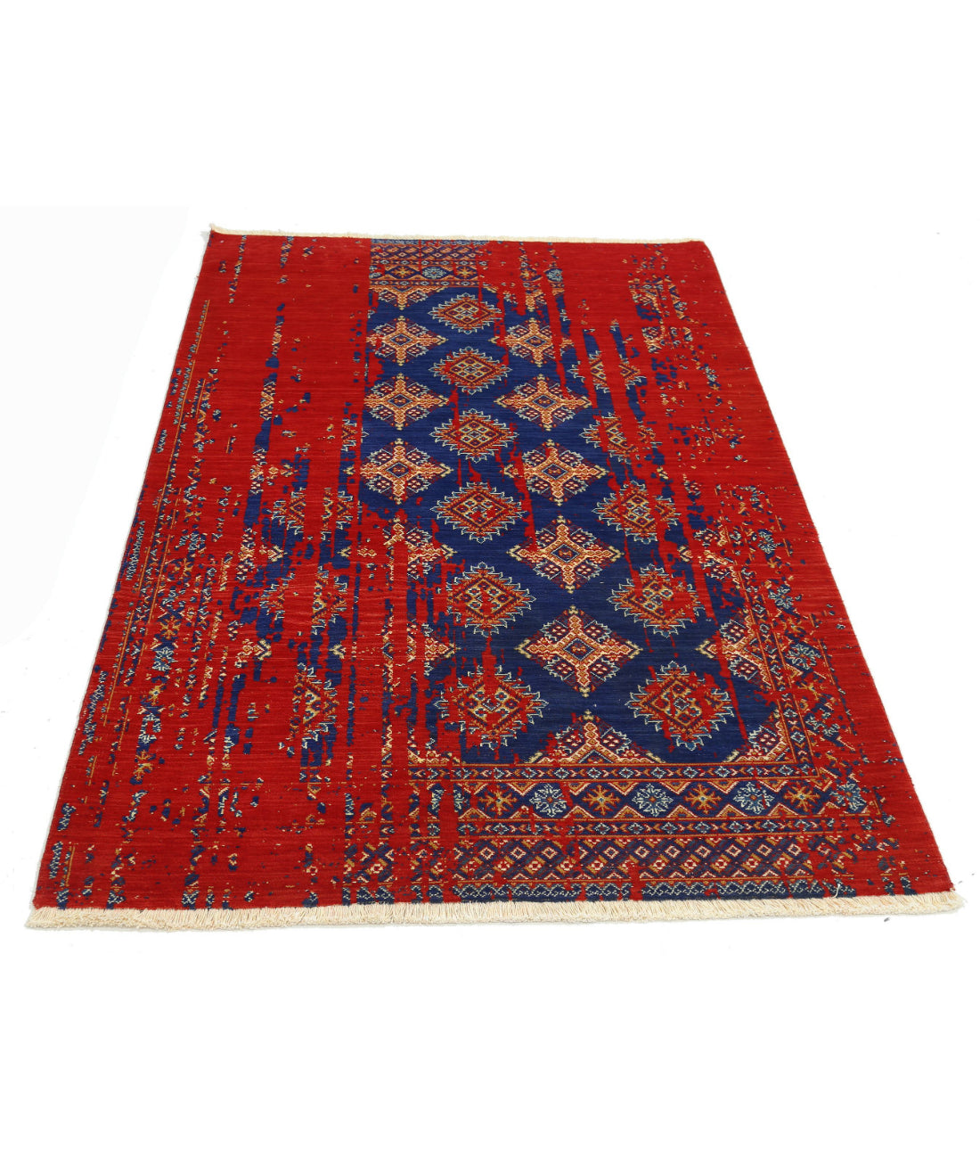 Ajrak 3'11'' X 6'0'' Power-Loomed Wool-Bamboo Silk Rug 3'11'' x 6'0'' (118 X 180) / Red / Blue
