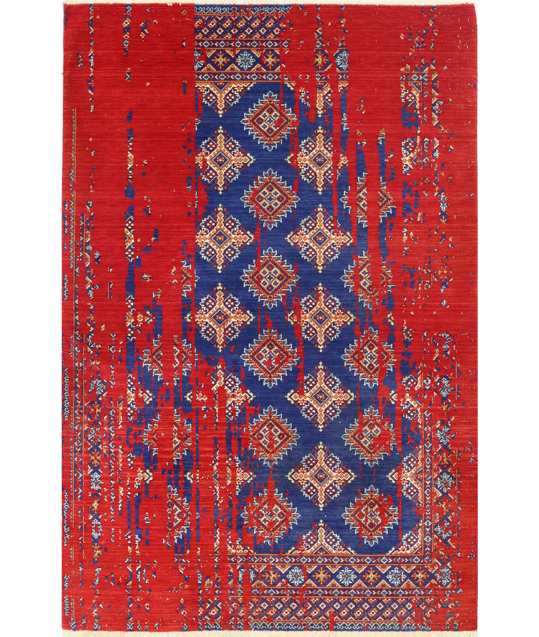 Ajrak 3'11'' X 6'0'' Power-Loomed Wool-Bamboo Silk Rug 3'11'' x 6'0'' (118 X 180) / Red / Blue