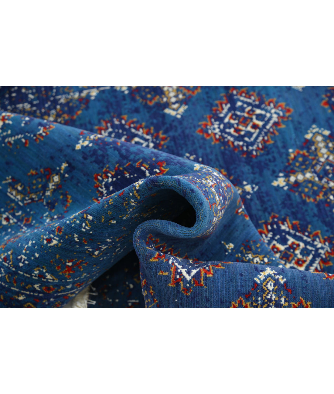 Ajrak 4'0'' X 6'0'' Power-Loomed Wool-Bamboo Silk Rug 4'0'' x 6'0'' (120 X 180) / Blue / Ivory