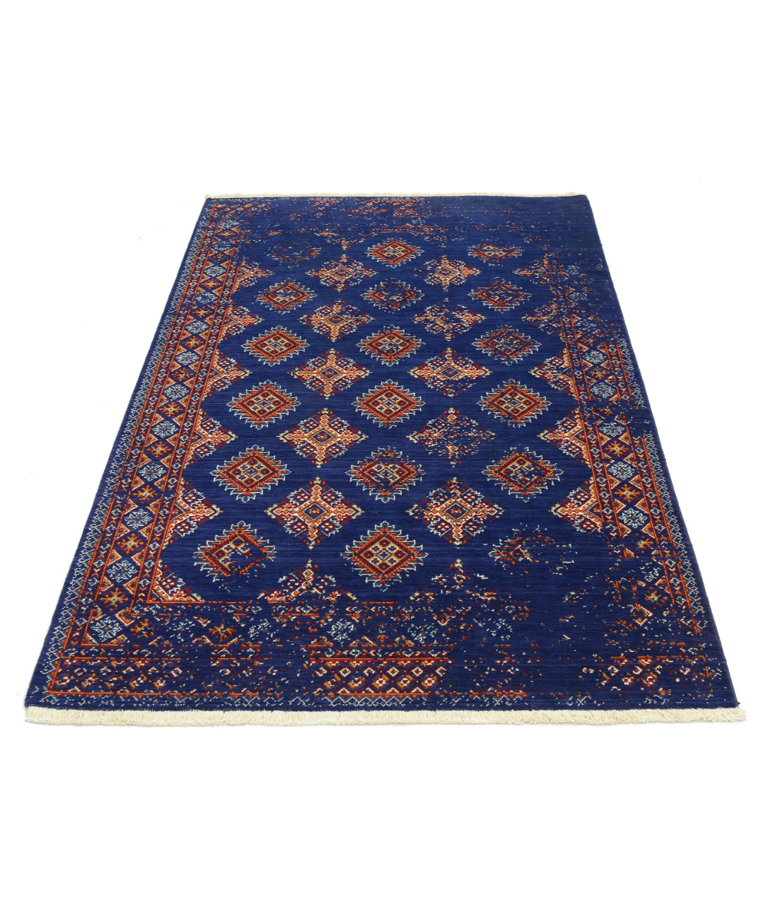 Ajrak 4'0'' X 6'0'' Power-Loomed Wool-Bamboo Silk Rug 4'0'' x 6'0'' (120 X 180) / Blue / Red