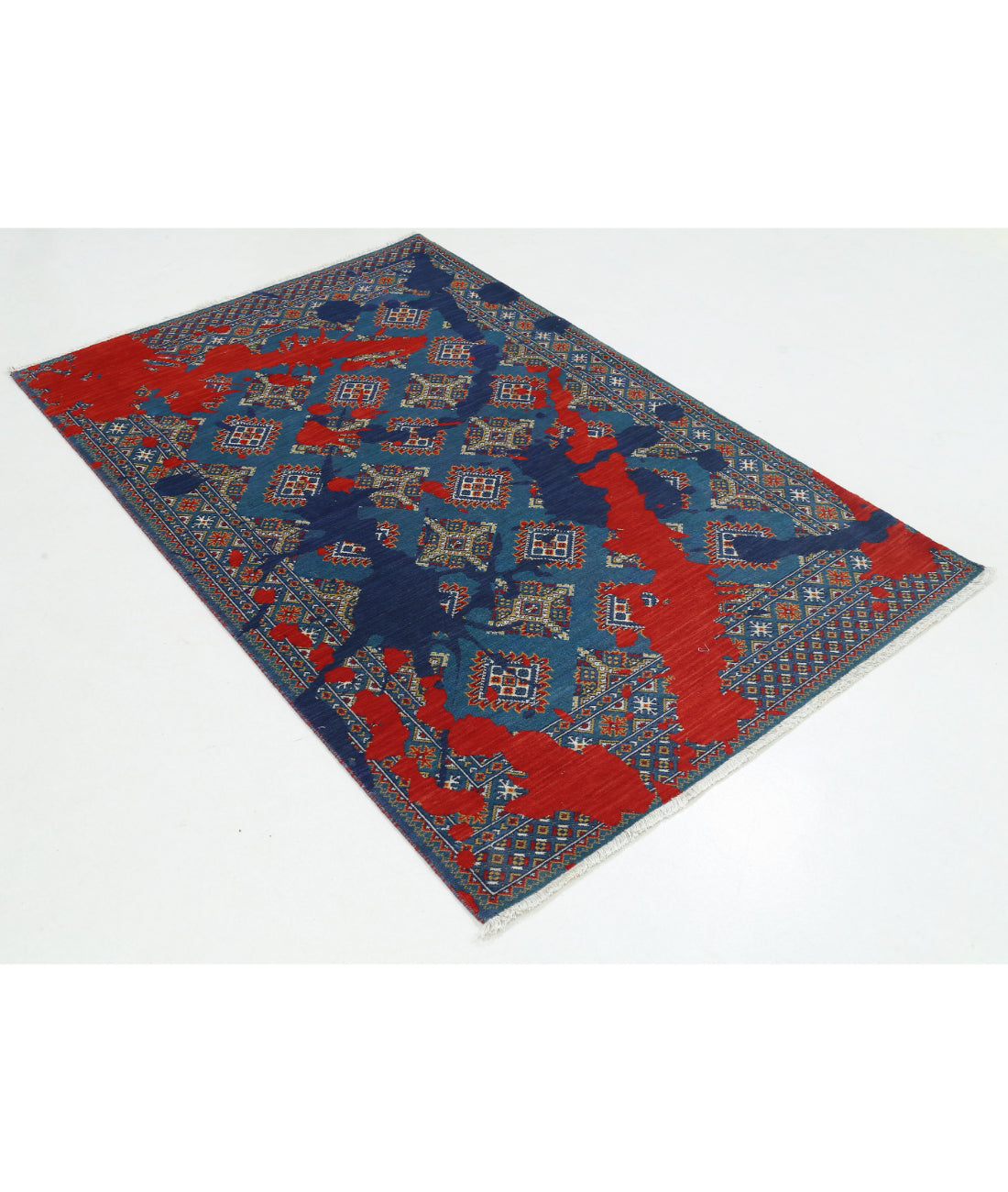 Ajrak 3'7'' X 6'1'' Power-Loomed Wool-Bamboo Silk Rug 3'7'' x 6'1'' (108 X 183) / Blue / Red