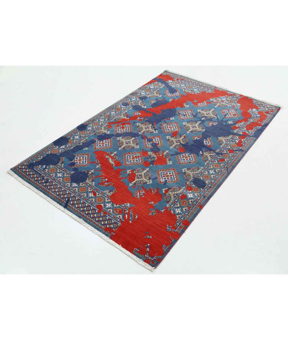 Ajrak 3'7'' X 6'1'' Power-Loomed Wool-Bamboo Silk Rug 3'7'' x 6'1'' (108 X 183) / Blue / Red