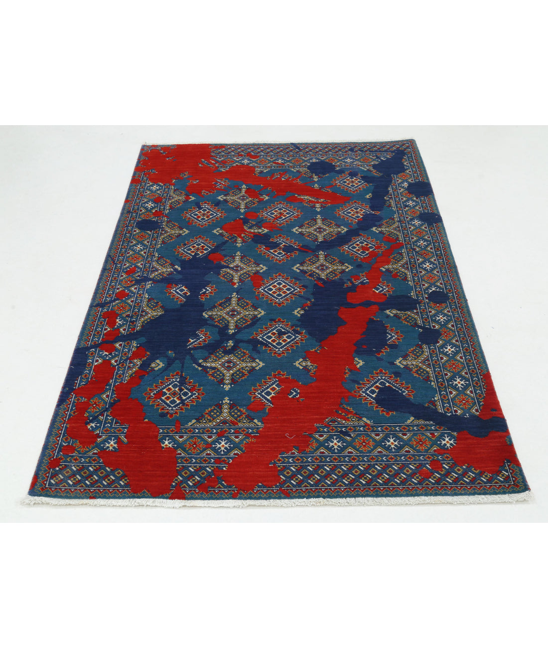 Ajrak 3'7'' X 6'1'' Power-Loomed Wool-Bamboo Silk Rug 3'7'' x 6'1'' (108 X 183) / Blue / Red