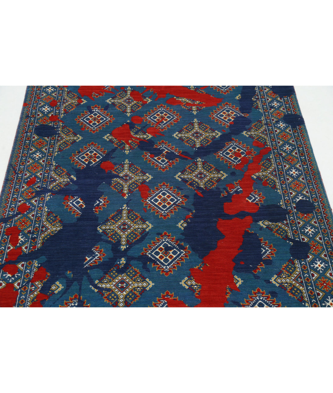 Ajrak 3'7'' X 6'1'' Power-Loomed Wool-Bamboo Silk Rug 3'7'' x 6'1'' (108 X 183) / Blue / Red