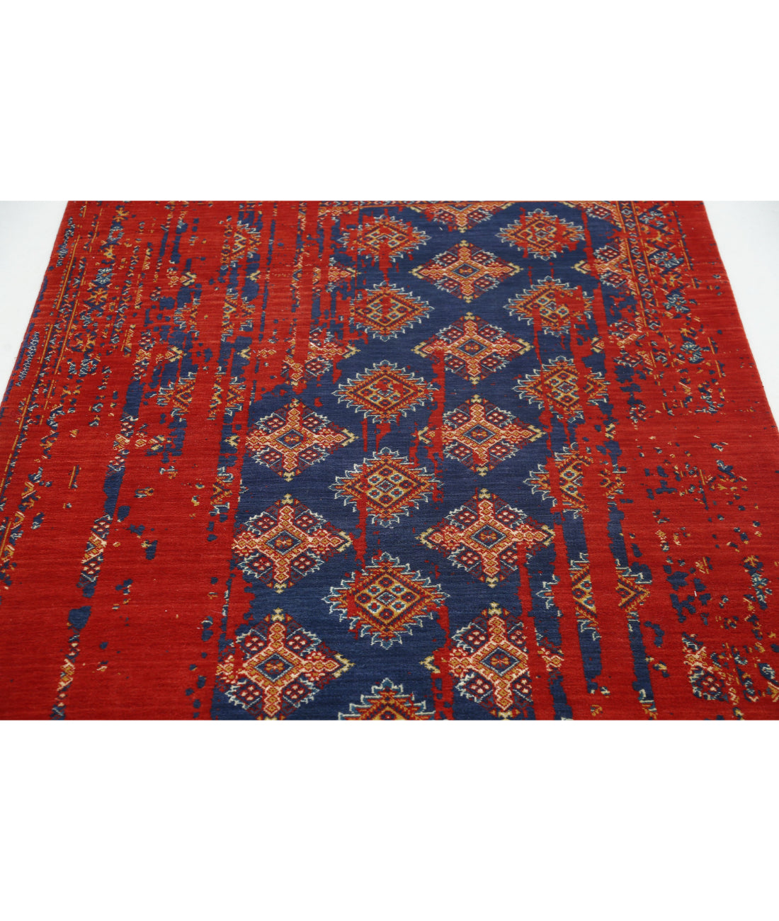 Ajrak 4'0'' X 6'0'' Power-Loomed Wool-Bamboo Silk Rug 4'0'' x 6'0'' (120 X 180) / Red / Blue