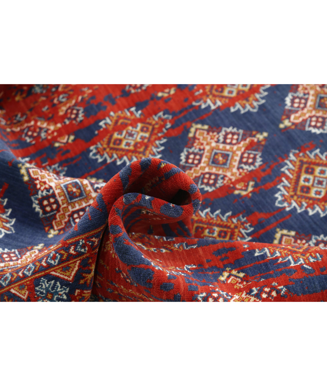 Ajrak 4'0'' X 6'0'' Power-Loomed Wool-Bamboo Silk Rug 4'0'' x 6'0'' (120 X 180) / Red / Blue