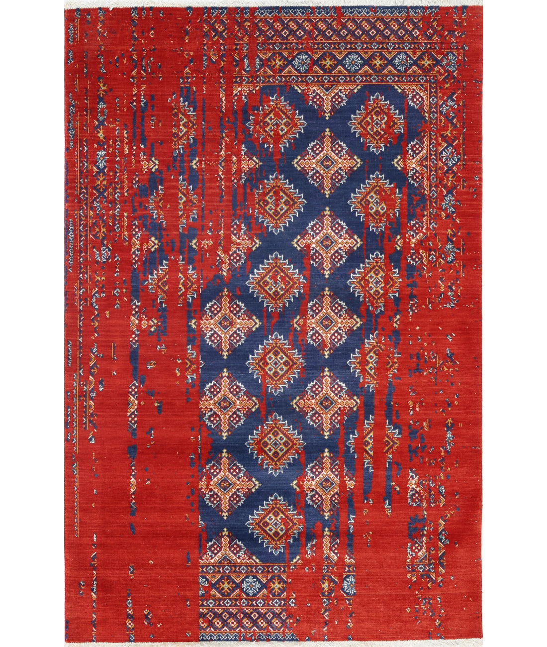 Ajrak 4'0'' X 6'0'' Power-Loomed Wool-Bamboo Silk Rug 4'0'' x 6'0'' (120 X 180) / Red / Blue